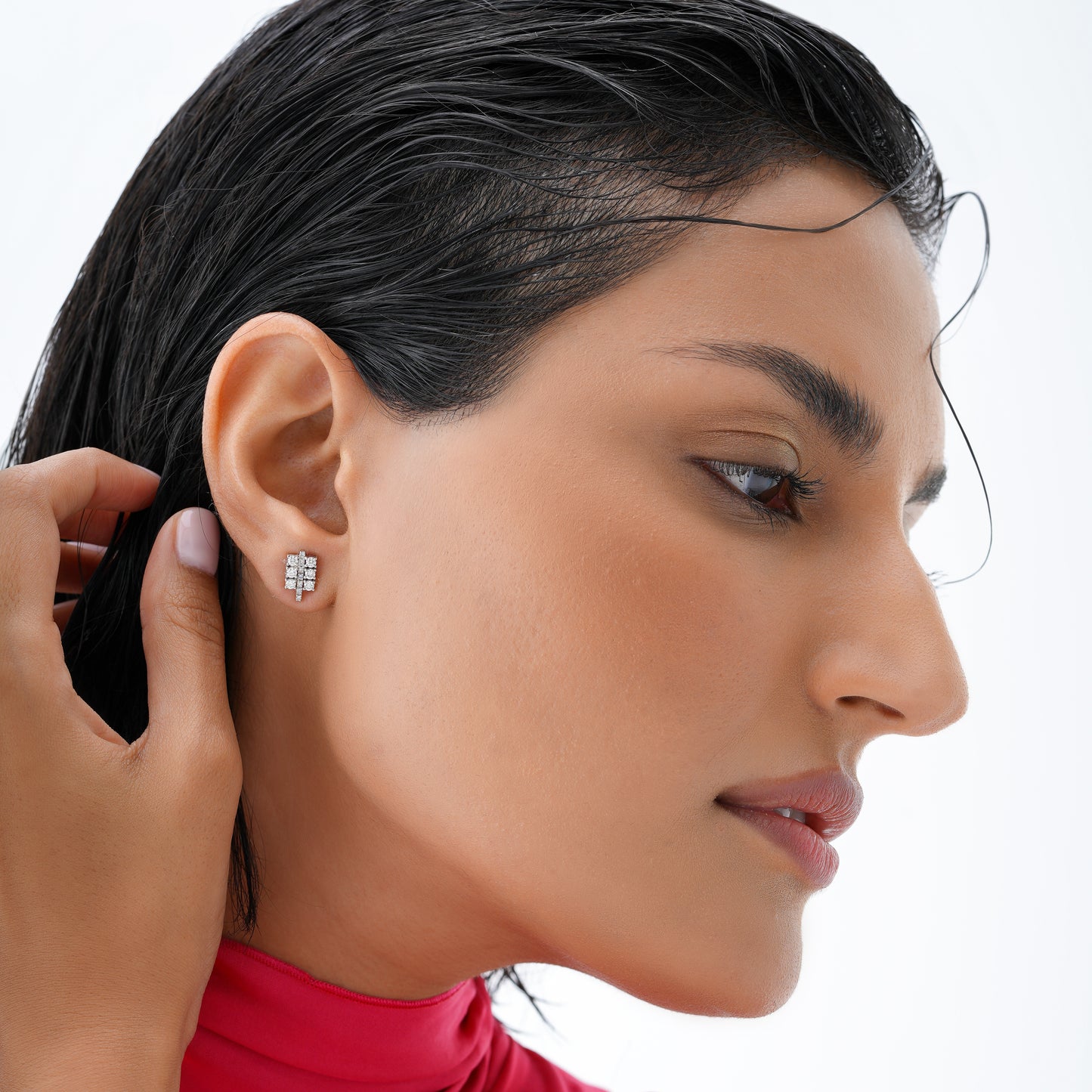 Square Line Stud Earrings in White Gold