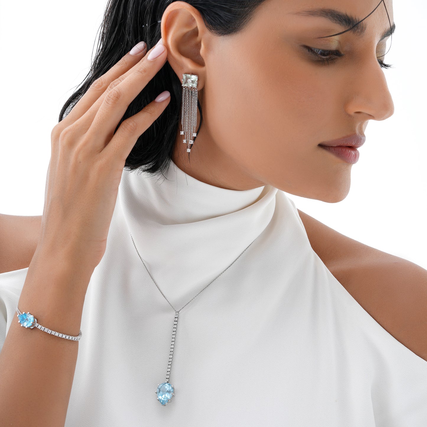 Linéa Blue Quartz and Diamond Earrings in White Gold